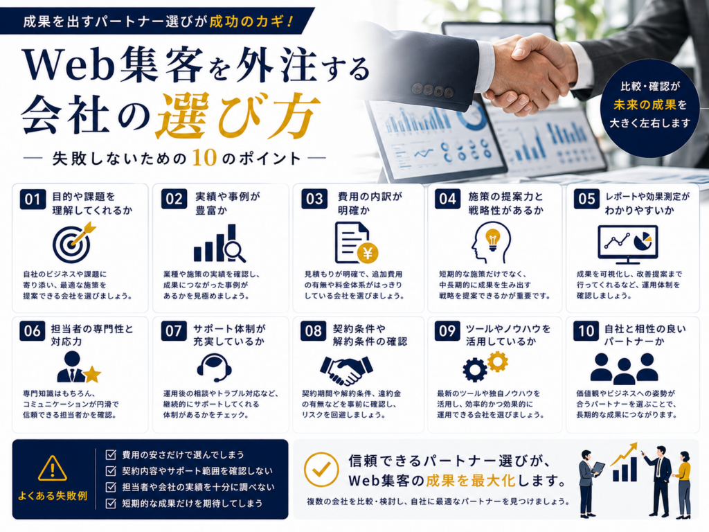 Web集客を外注する会社の選び方｜実績・費用・提案力・サポート体制を比較する10のポイント