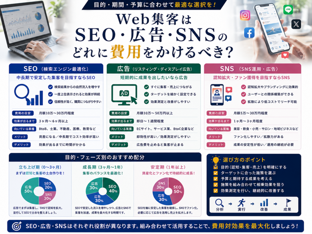 Web集客はSEO・広告・SNSのどれに費用をかけるべき？料金・効果・期間・特徴を比較