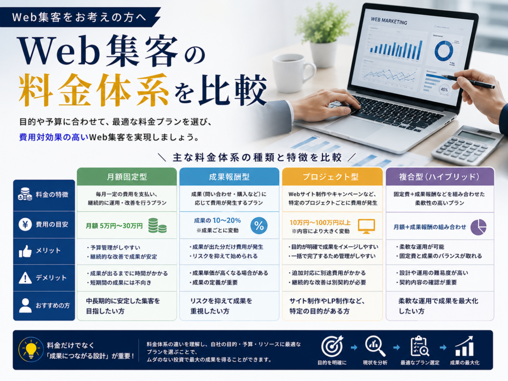Web集客の料金体系を比較｜月額固定型・成果報酬型・プロジェクト型・複合型の費用と特徴