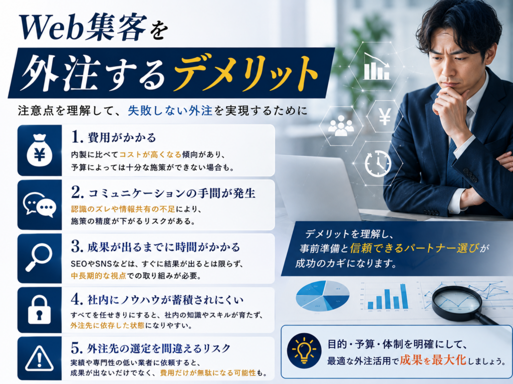 Web集客を外注するデメリットと費用・成果・外注先選びで注意すべきポイント