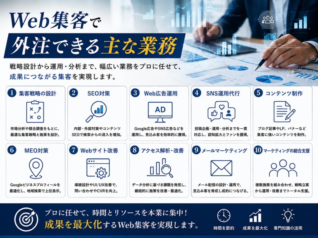 Web集客で外注できる主な業務｜SEO対策・Web広告・SNS運用・MEO・アクセス解析