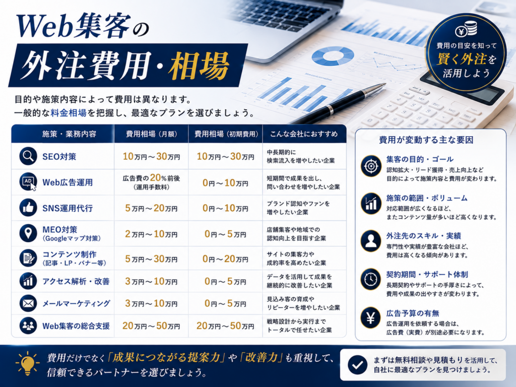 Web集客の外注費用・相場｜SEO・Web広告・SNS・MEOなど施策別の料金目安