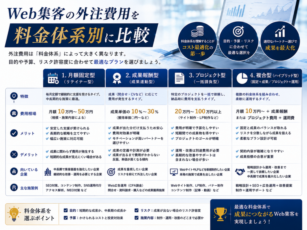 Web集客の外注費用を料金体系別に比較｜月額固定・成果報酬・プロジェクト型の違い
