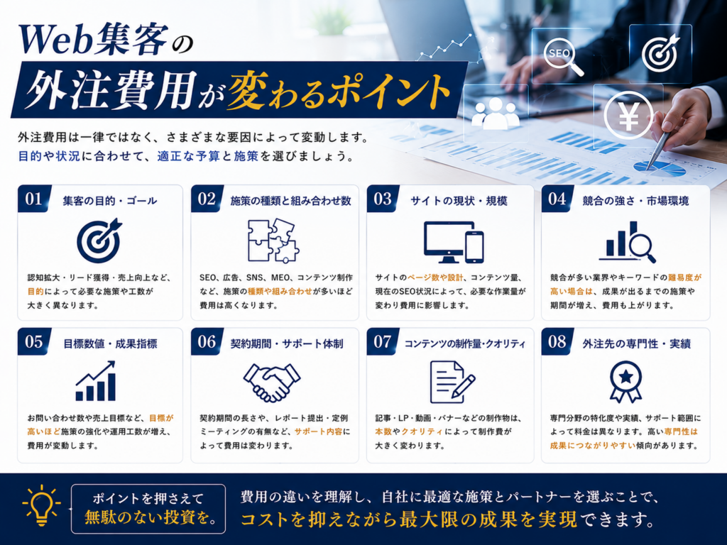 Web集客の外注費用が変わるポイント｜施策内容・サイト規模・競合・契約期間・制作量を解説