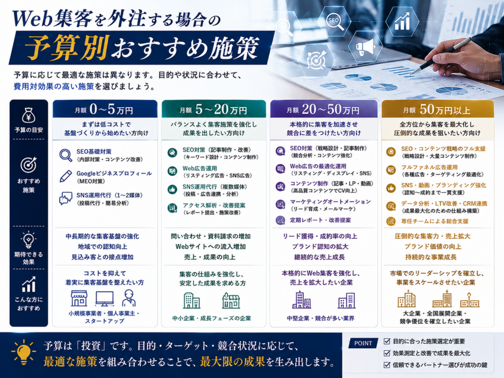 Web集客を外注する場合の予算別おすすめ施策｜SEO・広告・SNS・MEOの選び方