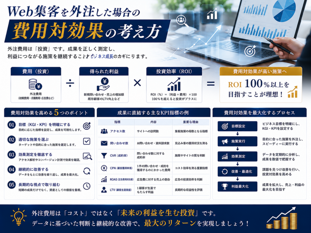 Web集客を外注した場合の費用対効果の考え方｜ROI・問い合わせ数・CVR・CPAなどの指標を解説