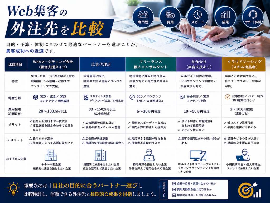 Web集客の外注先を比較｜Webマーケティング会社・広告代理店・フリーランス・制作会社の違い