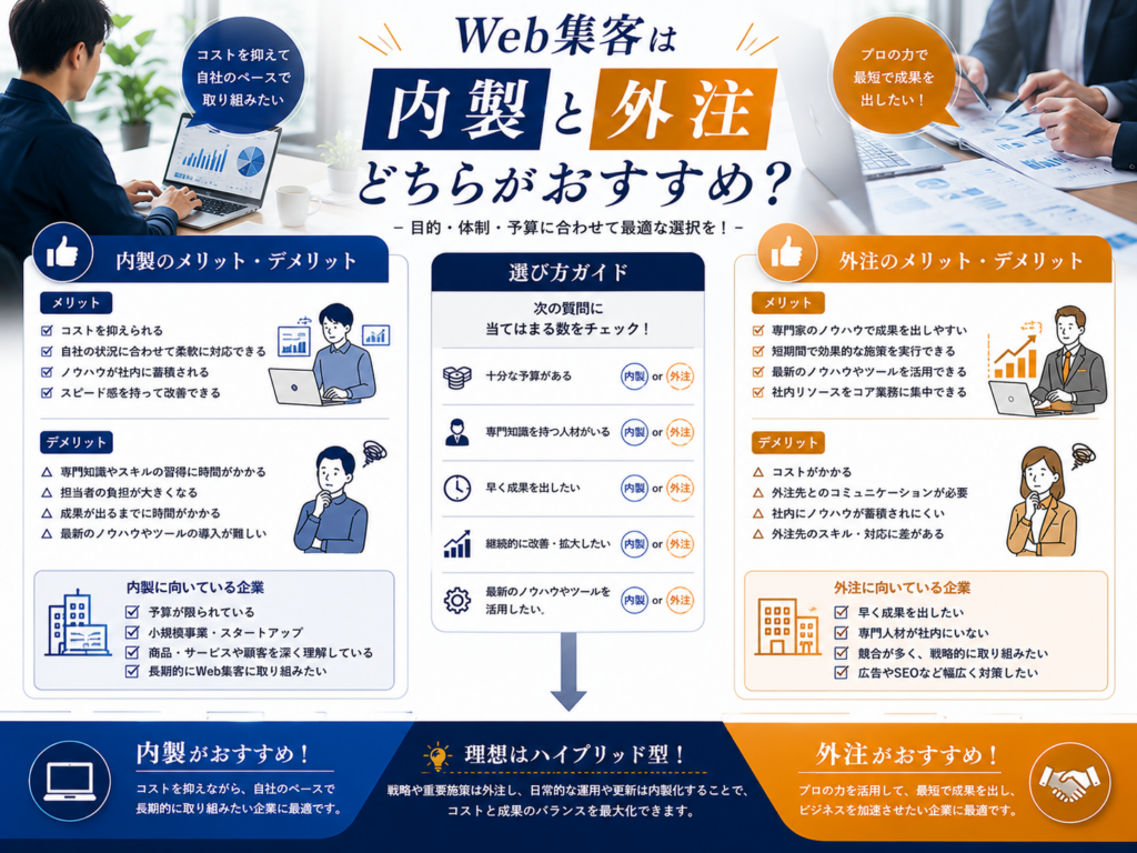 Web集客は内製と外注どちらがおすすめ？メリット・デメリットや選び方を比較