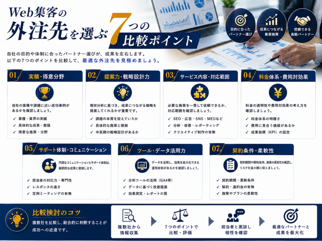 Web集客の外注先を選ぶ7つの比較ポイント｜実績・提案力・料金・サポート・契約条件を解説