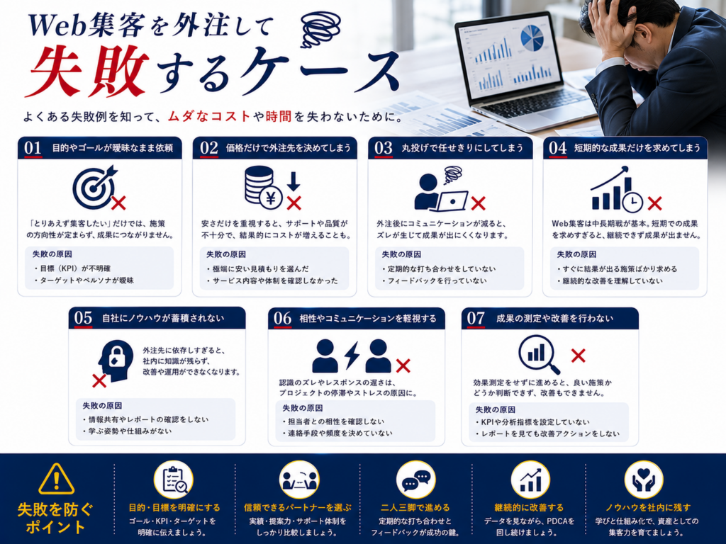 Web集客を外注して失敗するケース｜目的・費用・丸投げ・成果測定など注意点を解説