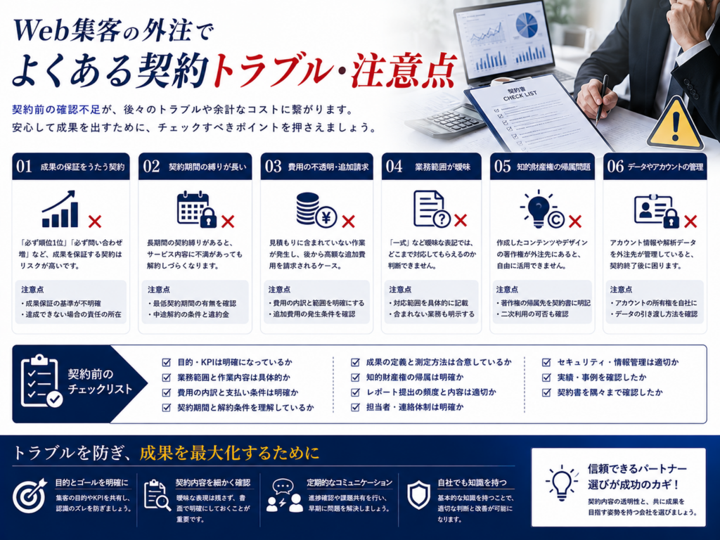 Web集客の外注でよくある契約トラブルと注意点｜契約期間・追加費用・業務範囲・データ管理を解説