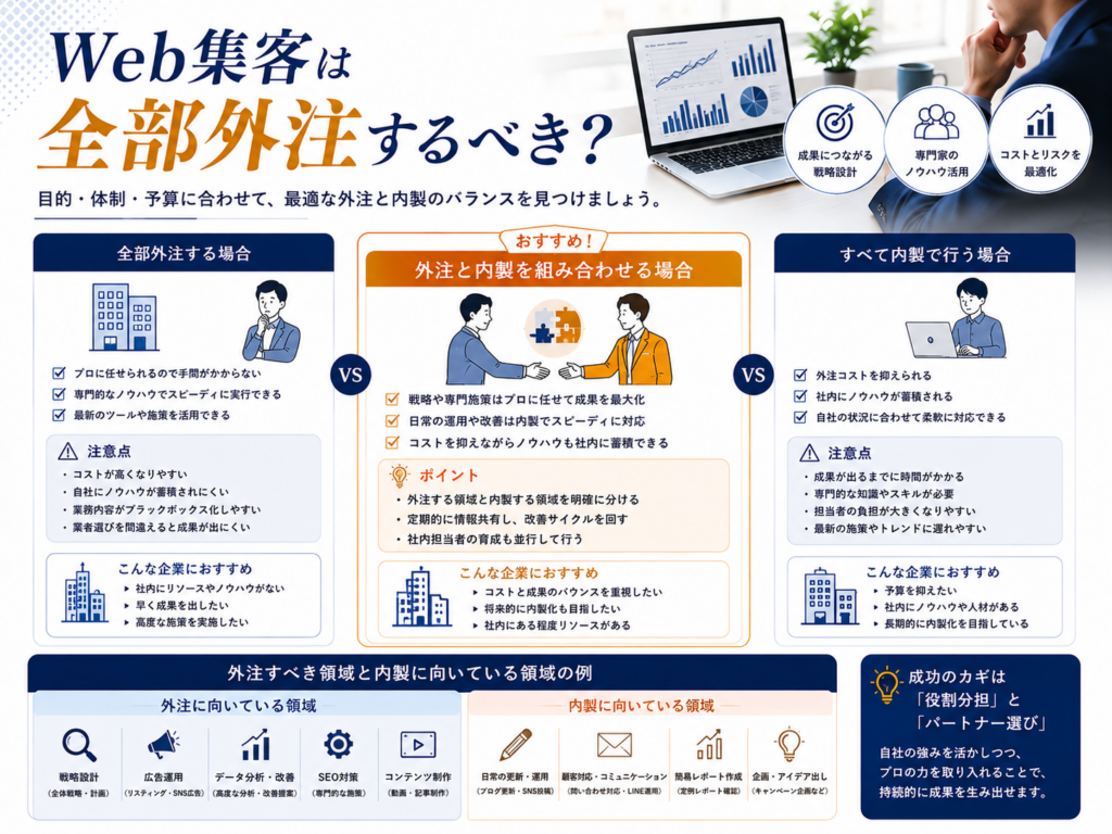 Web集客は全部外注するべき？外注・内製・一部外注の違いとおすすめの役割分担を比較