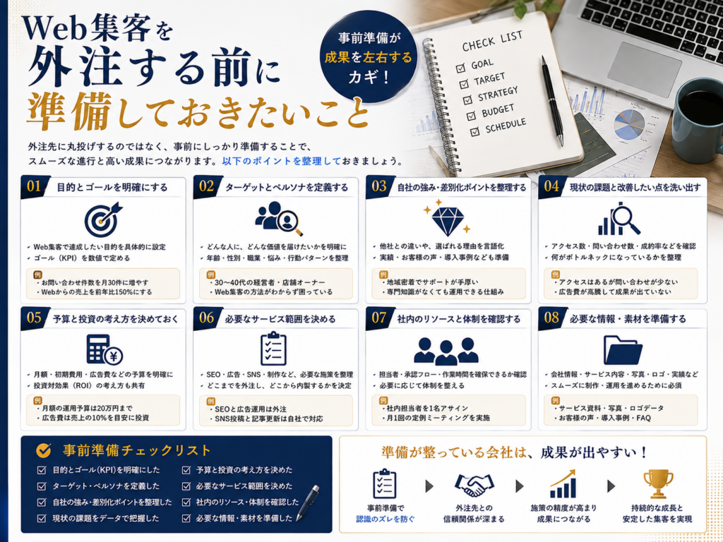 Web集客を外注する前に準備しておきたいこと｜目的・ターゲット・予算・依頼範囲・必要素材を解説