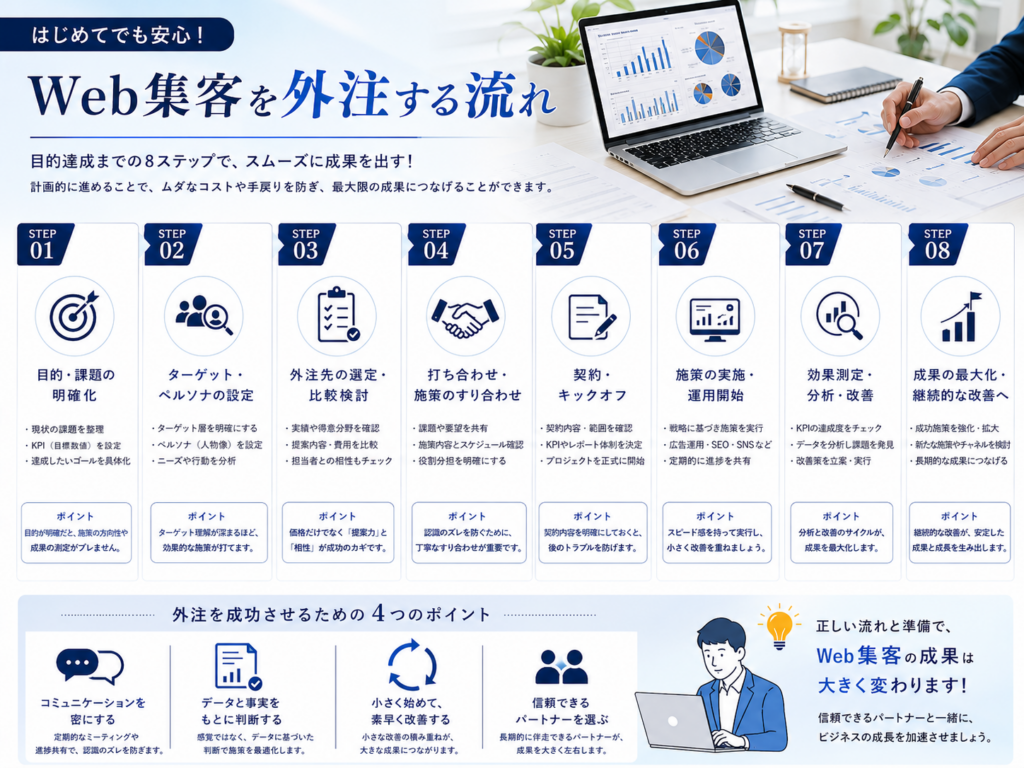 Web集客を外注する流れ｜目的設定・外注先比較・契約・施策実施・効果測定・改善までの手順