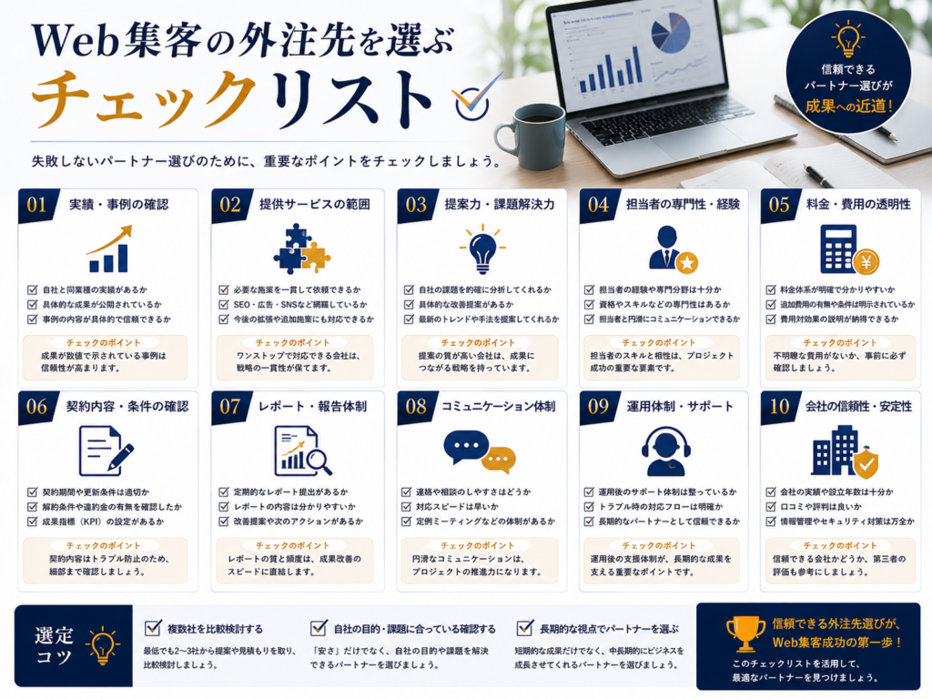 Web集客の外注先を選ぶチェックリスト｜実績・サービス範囲・料金・契約内容・サポート体制を確認