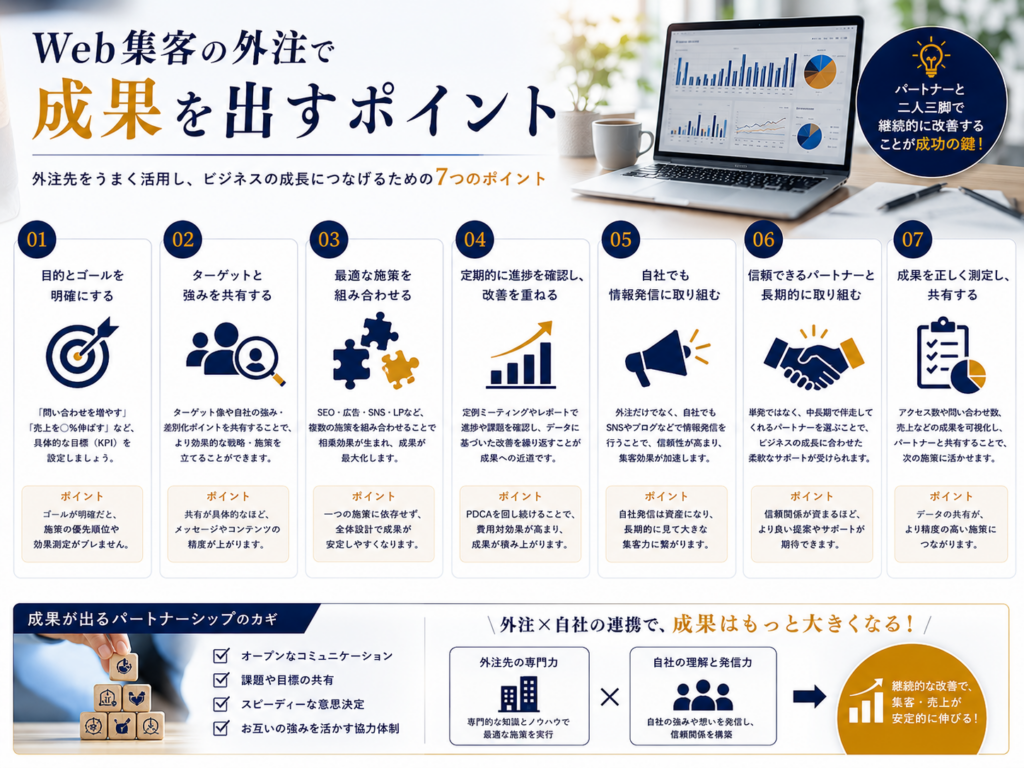 Web集客の外注で成果を出す7つのポイント｜目標設定・施策・効果測定・改善・外注先との連携を解説