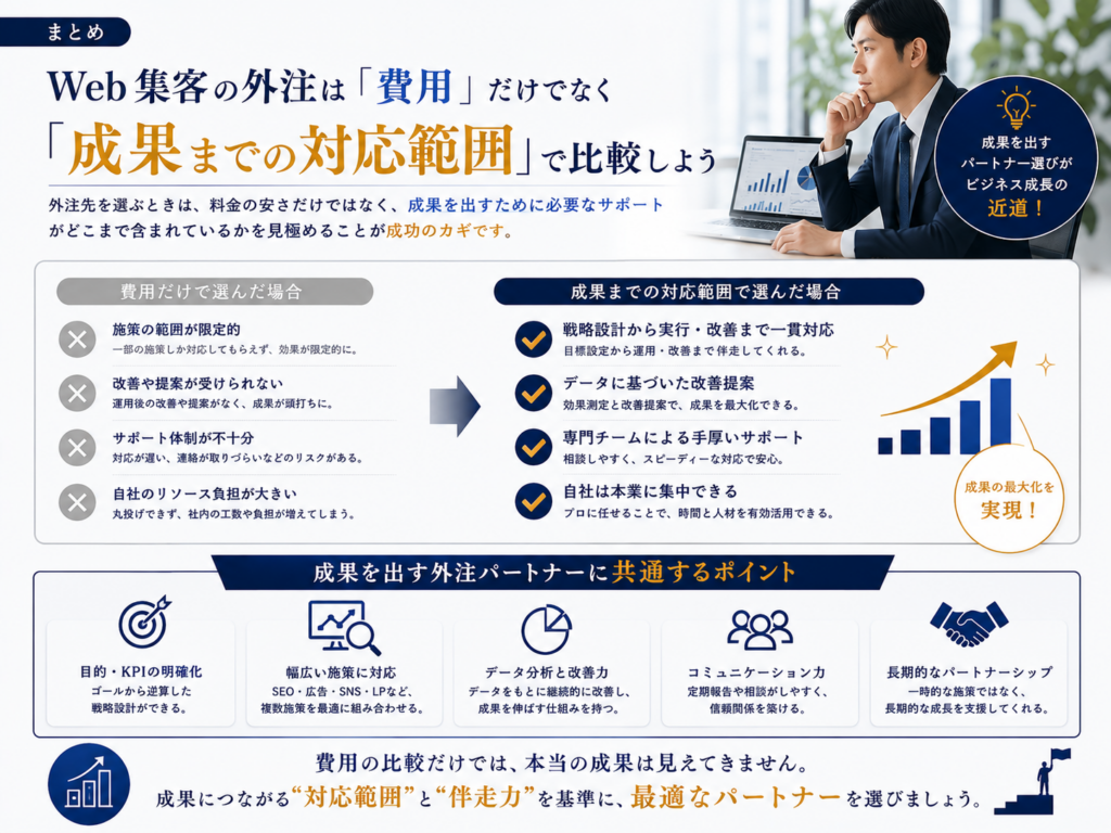 Web集客の外注は費用だけでなく成果までの対応範囲で比較｜外注先選びの重要ポイント