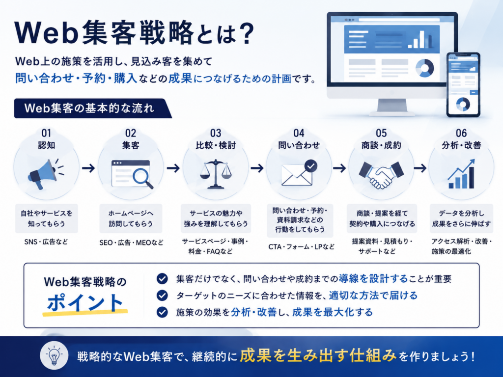 Web集客戦略とは？認知から集客・問い合わせ・成約・分析改善までの基本的な流れ