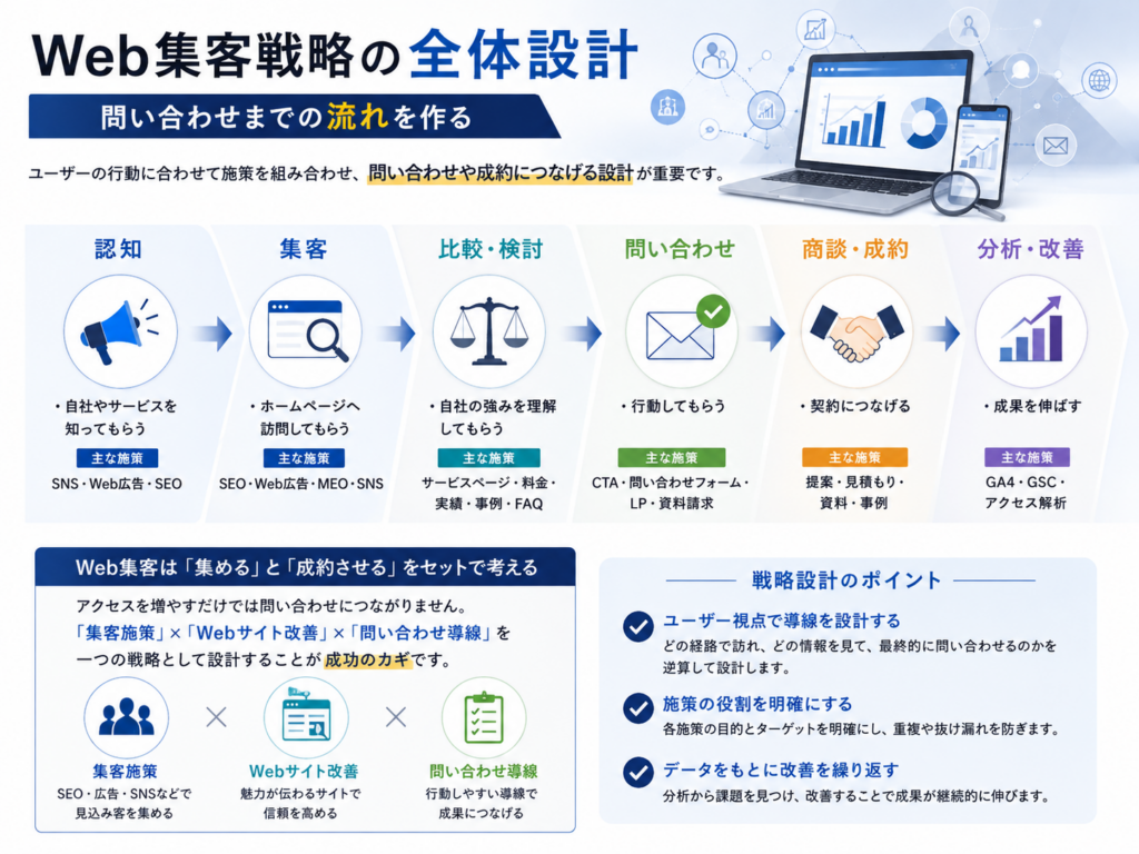 Web集客戦略の全体設計｜認知・集客・比較検討から問い合わせ・成約・分析改善までの流れ