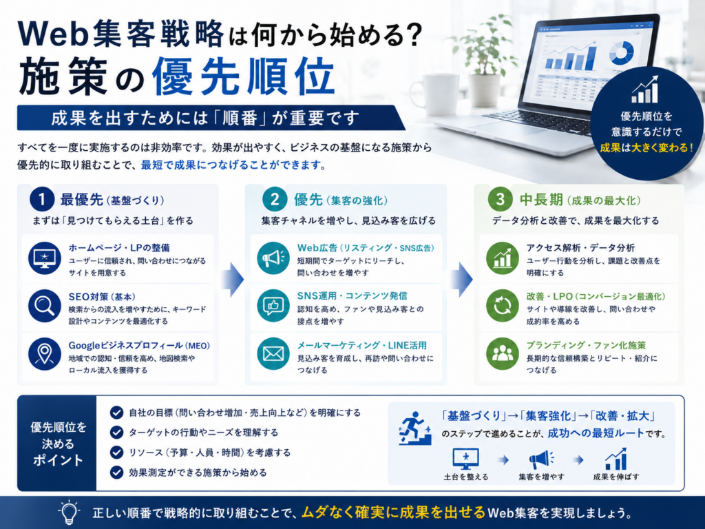 Web集客戦略は何から始める？ホームページ・SEO・広告・SNS・MEOなど施策の優先順位