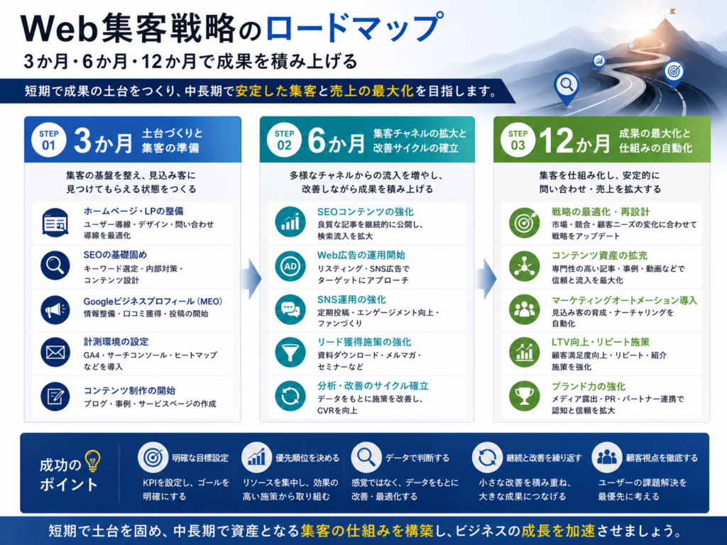 Web集客戦略のロードマップ｜3か月・6か月・12か月で集客基盤を構築し成果を伸ばす流れ