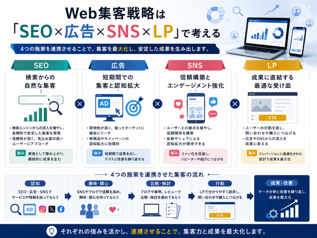 Web集客戦略はSEO・Web広告・SNS・LPを組み合わせて問い合わせと成果を最大化する