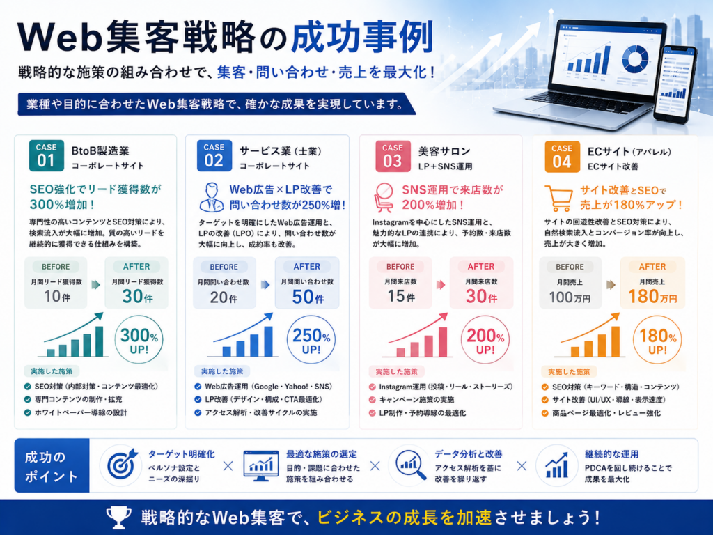Web集客戦略の成功事例｜SEO・Web広告・SNS・LP改善で問い合わせや売上を伸ばす施策