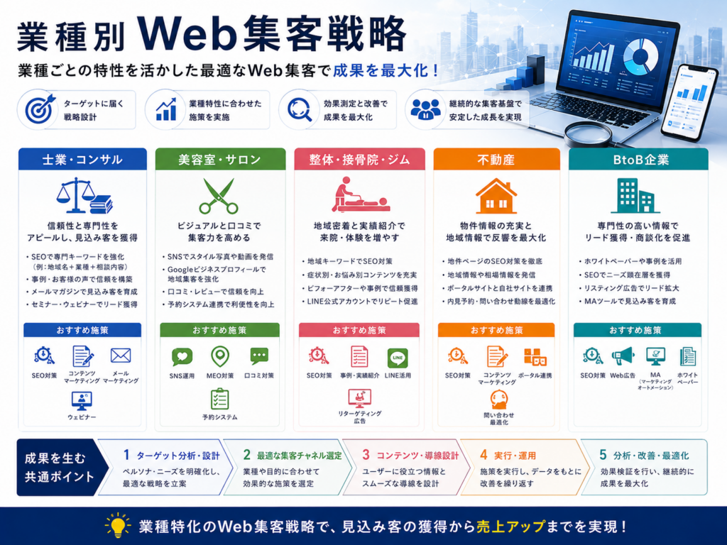 業種別Web集客戦略｜士業・美容室・整体院・不動産・BtoB企業に効果的な集客施策
