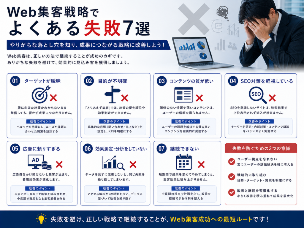 Web集客戦略でよくある失敗7選｜ターゲット設定・SEO・広告・効果測定の改善ポイント