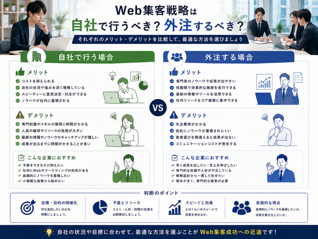 Web集客戦略は自社運用と外注のどちらが最適？メリット・デメリットと選び方を比較