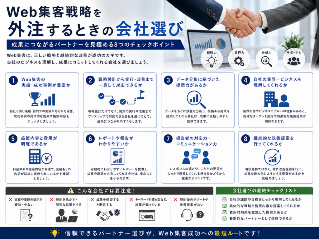 Web集客戦略を外注するときの会社選び｜実績・戦略設計・分析力・費用・サポート体制のチェックポイント