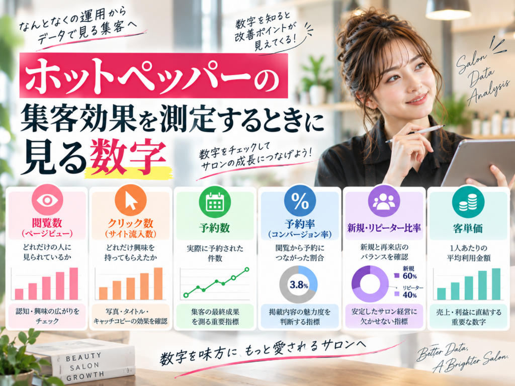 ホットペッパーの集客効果を測定する数字｜閲覧数・予約数・予約率・新規リピーター比率・客単価を確認