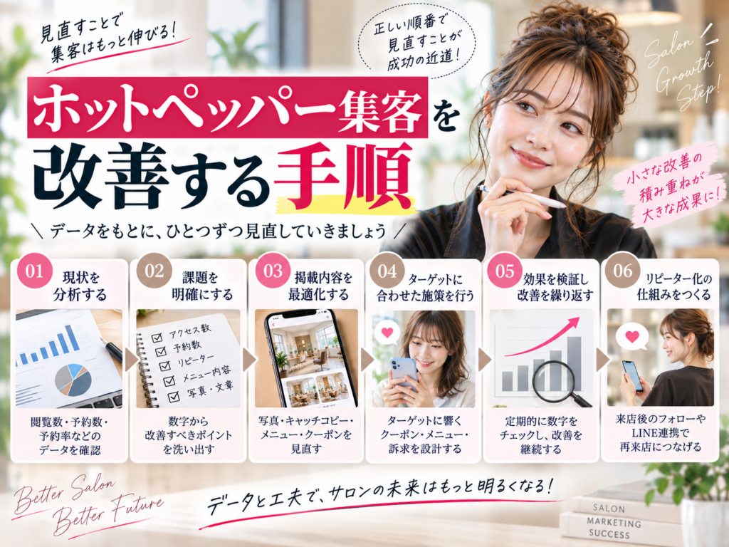 ホットペッパー集客を改善する手順｜現状分析・課題整理・掲載内容の最適化・効果検証・リピーター化
