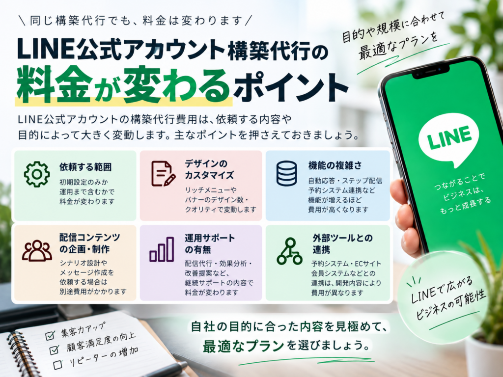 LINE公式アカウント構築代行の料金が変わるポイント|依頼範囲・デザイン・機能・運用サポート・外部ツール連携