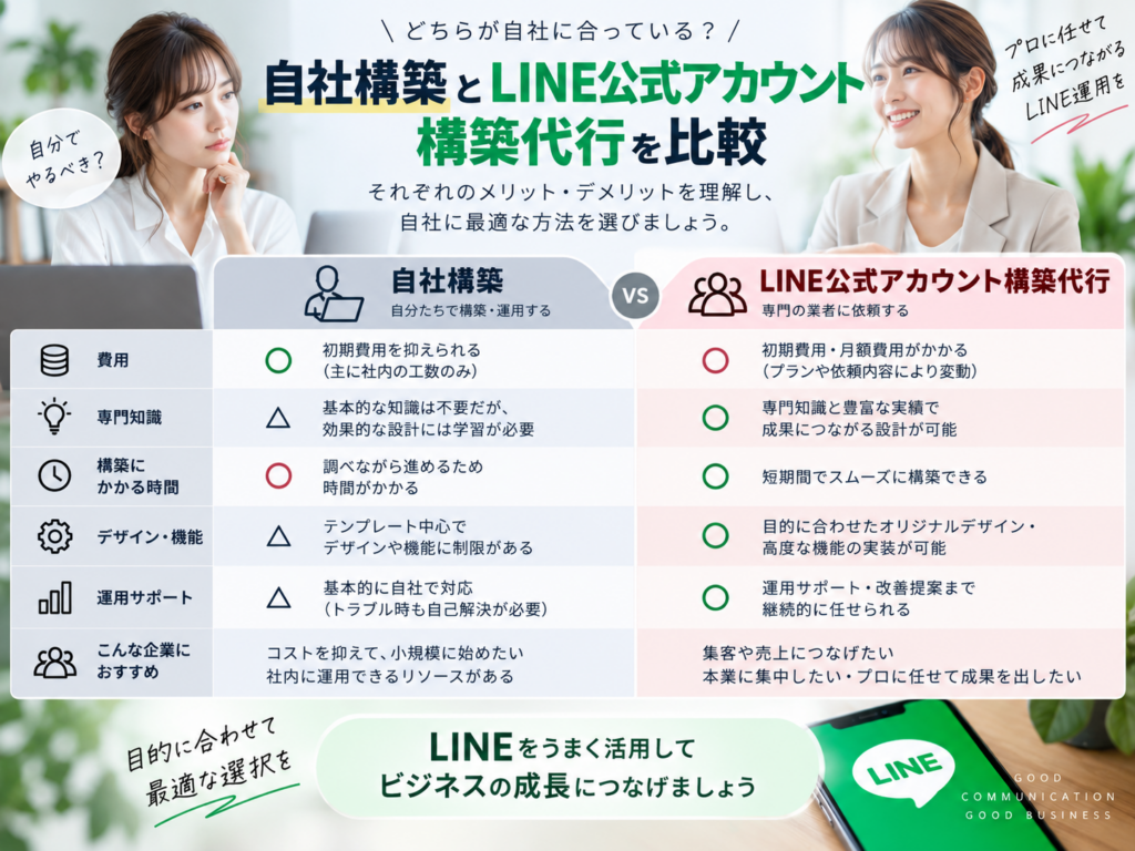 自社構築とLINE公式アカウント構築代行を比較|費用・専門知識・構築時間・デザイン・運用サポートの違い