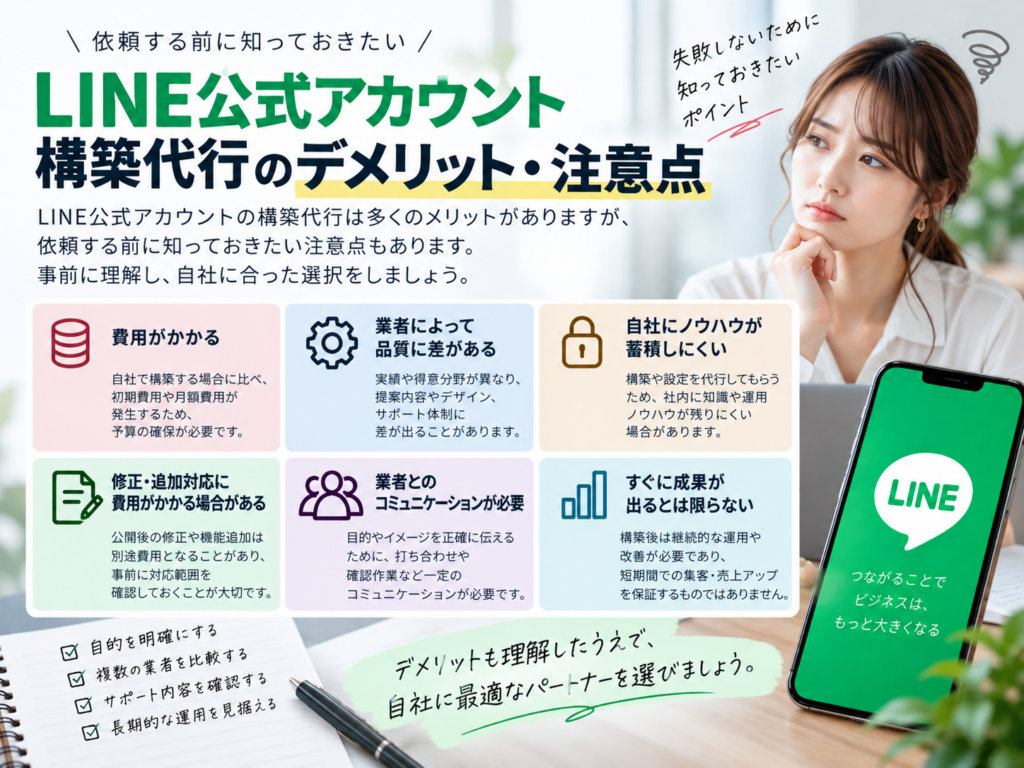 LINE公式アカウント構築代行のデメリットと注意点|費用・業者選び・追加対応・運用サポート
