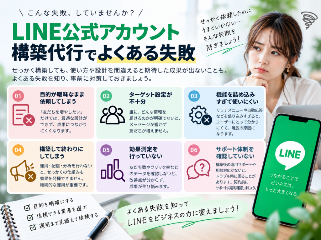 LINE公式アカウント構築代行でよくある失敗|目的・ターゲット設定・機能・運用・効果測定・サポートの注意点