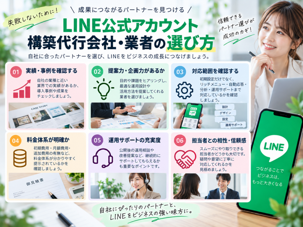 LINE公式アカウント構築代行会社・業者の選び方|実績・提案力・対応範囲・料金・運用サポートを比較