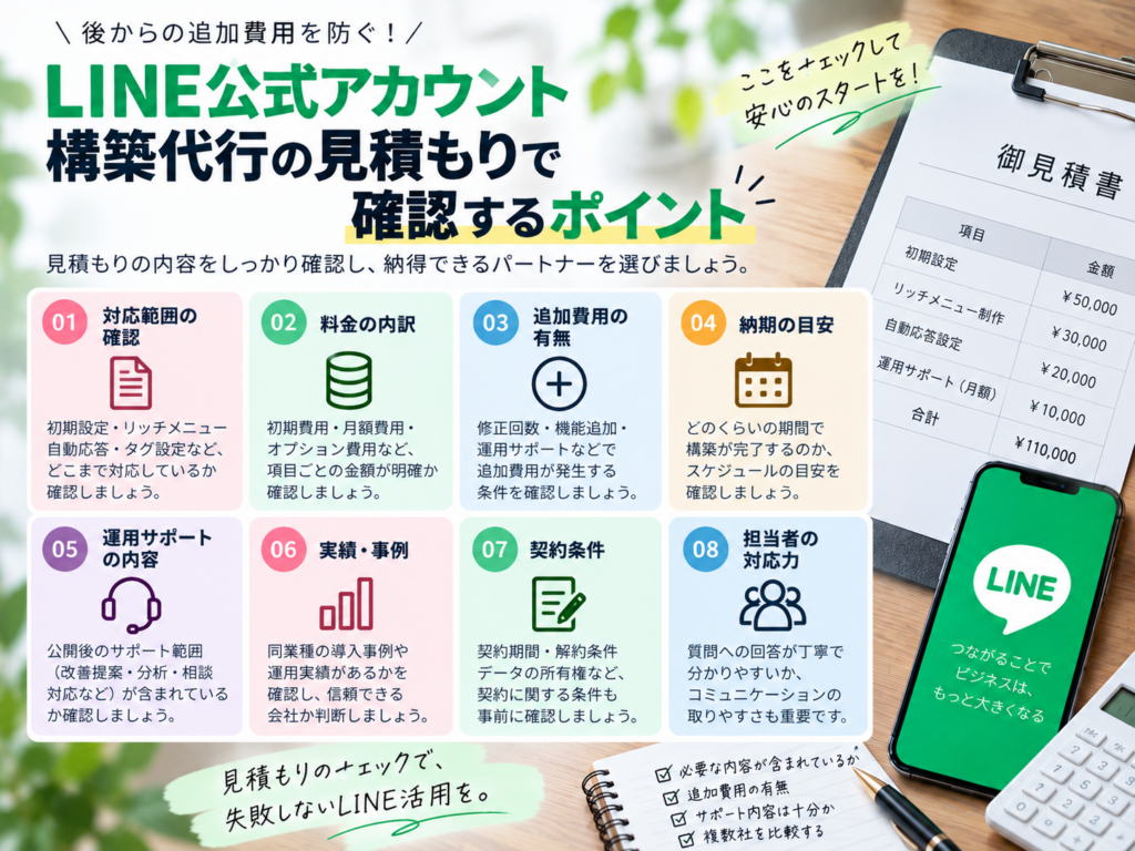 LINE公式アカウント構築代行の見積もりで確認するポイント|対応範囲・料金・追加費用・納期・運用サポートを確認