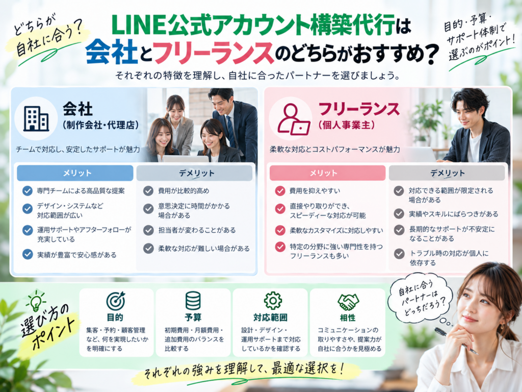 LINE公式アカウント構築代行は会社とフリーランスのどちらがおすすめか|費用・対応範囲・サポートを比較