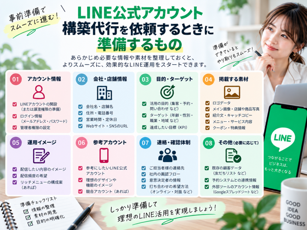 LINE公式アカウント構築代行を依頼するときに準備するもの|アカウント情報・会社情報・目的・素材・運用体制