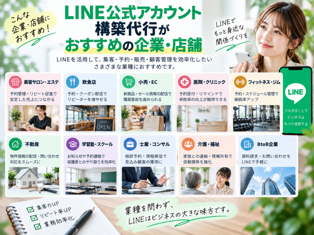 LINE公式アカウント構築代行がおすすめの企業・店舗|美容サロン・飲食店・クリニック・不動産・学習塾など