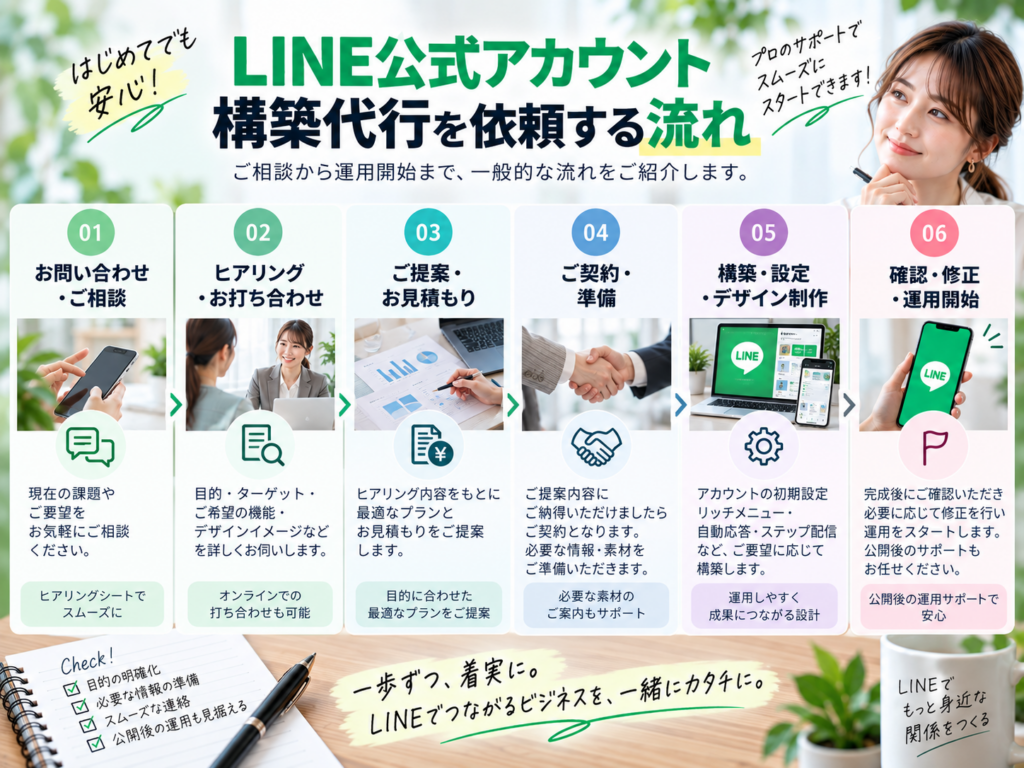 LINE公式アカウント構築代行を依頼する流れ|相談・ヒアリング・見積もり・構築・確認・運用開始まで