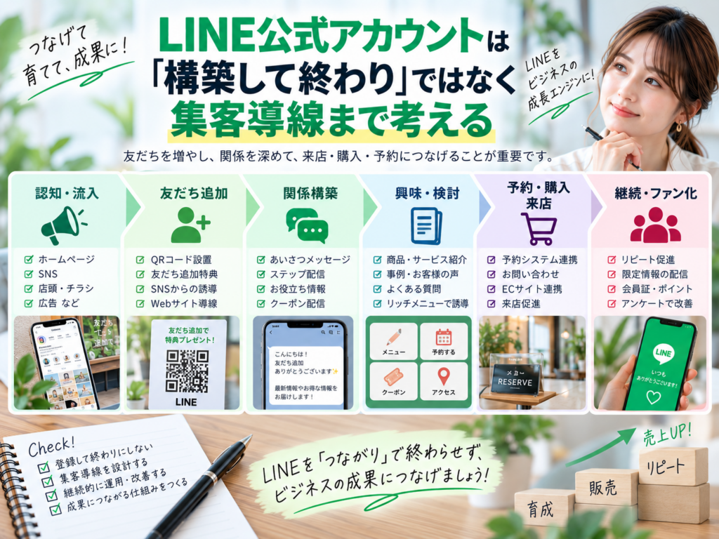 LINE公式アカウントは構築して終わりではなく集客導線まで設計|友だち追加から予約・購入・リピートにつなげる流れ
