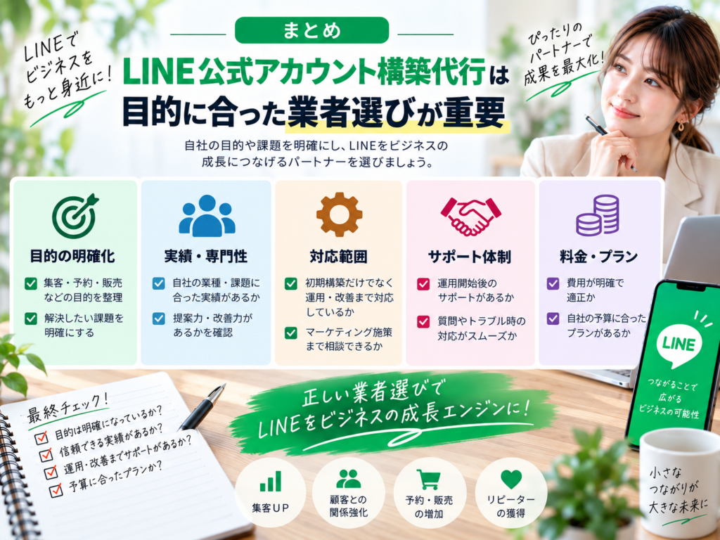 LINE公式アカウント構築代行は目的に合った業者選びが重要|実績・対応範囲・サポート・料金を比較