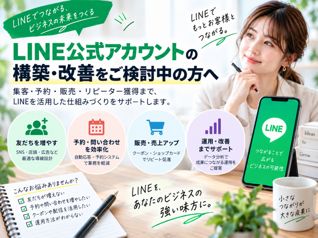 LINE公式アカウントの構築・改善をご検討中の方へ|集客・予約・販売・リピーター獲得を支援