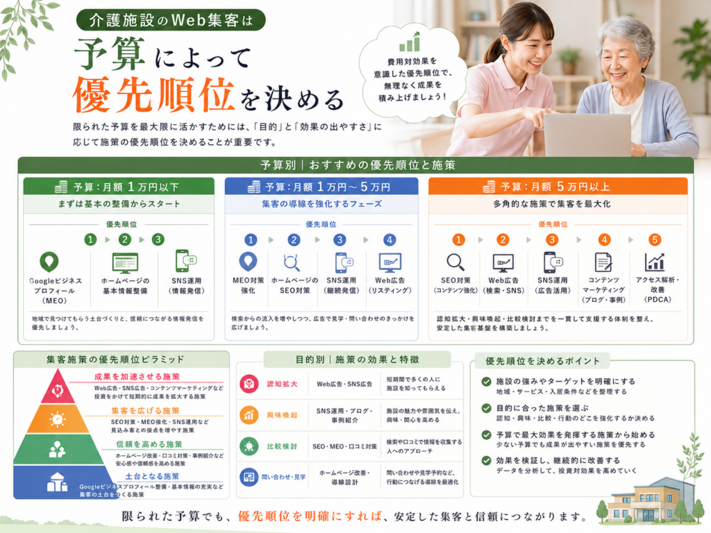 介護施設のWeb集客は予算に応じてSEO・MEO・SNS・Web広告の優先順位を決める