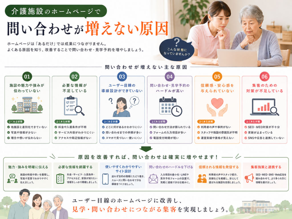介護施設ホームページで問い合わせが増えない原因と施設見学・入居相談につなげる改善ポイント