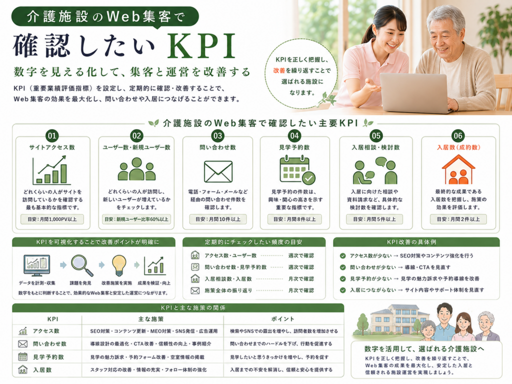 介護施設のWeb集客で確認したいKPI｜アクセス数・問い合わせ数・見学予約数・入居数の指標