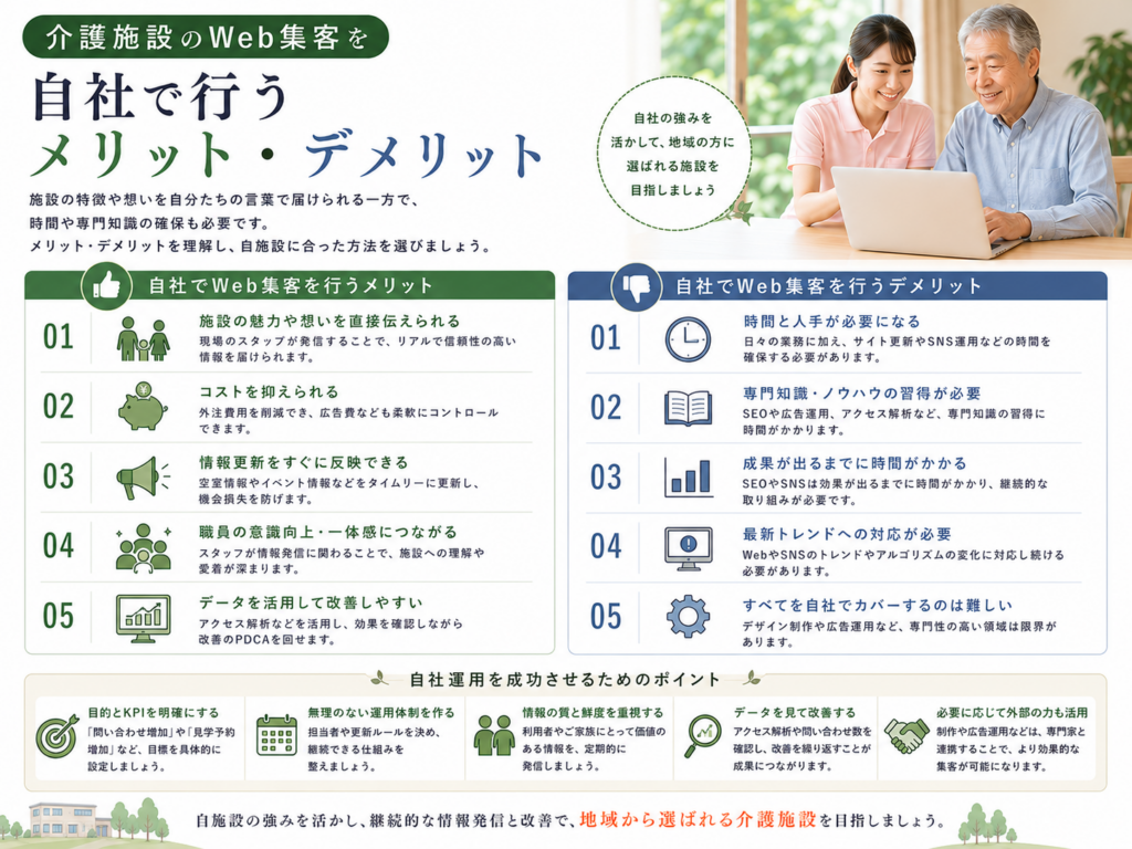 介護施設のWeb集客を自社で行うメリット・デメリットと運用を成功させるポイント